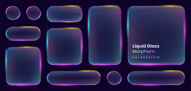 Liquid glass frame buttons with transparent holographic and 3D translucent. Neon glowing effect and highlight click elements for mobile application user interface frosted blur buttons