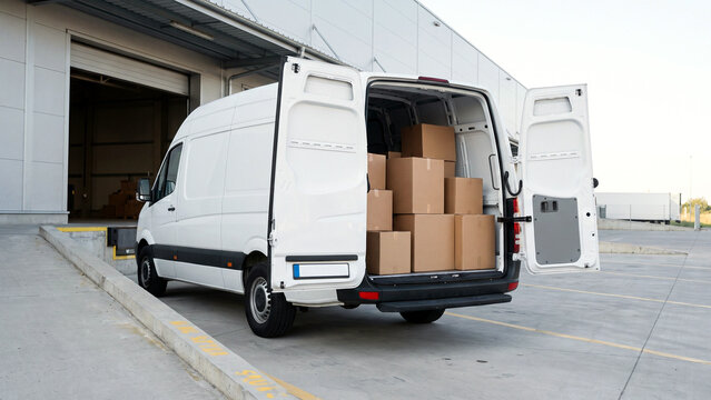 荷降ろし場で後部ドアを開けた白い配送バンに積まれた段ボール箱