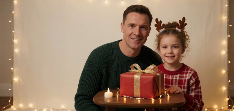 A heartwarming moment of surprise Christmas gift exchange between a smiling man and a cheerful girl adorned with reindeer antlers.