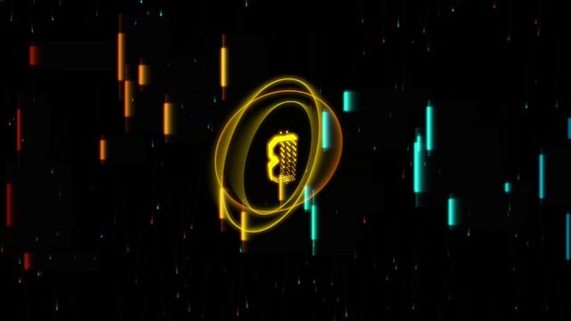 Bitcoin cryptocurrency market analysis abstract background, with rotating neon, gold coin and, financial candlestick chart, data visualization