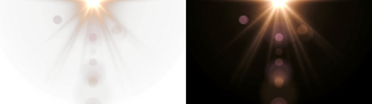 Bright golden sun flare with optical lens effects and vertical light beams