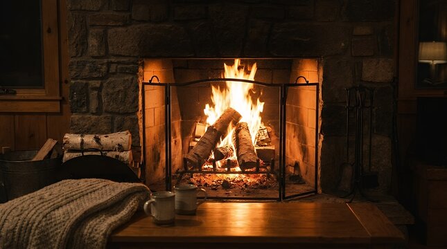 Cozy Burning Log Fireplace Bright Flaming Fire Heat Warmth Winter Comfort Relaxing Evening Atmosphere Dark Background fireplace burning log flames dark background warm firelight comfort heat coziness