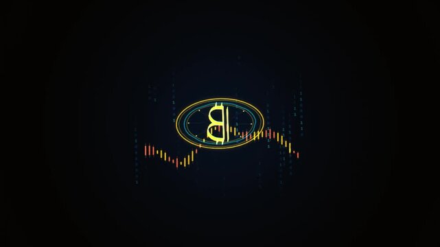 Bitcoin cryptocurrency spinning coin with digital financial trading chart and data hud background blockchain