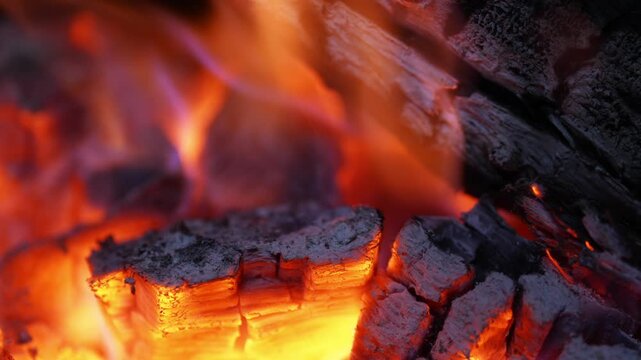 Burning campfire embers and flames close up