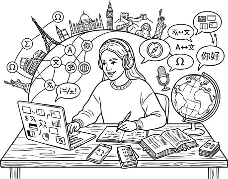 Online education and global language learning student vector illustration with student studying