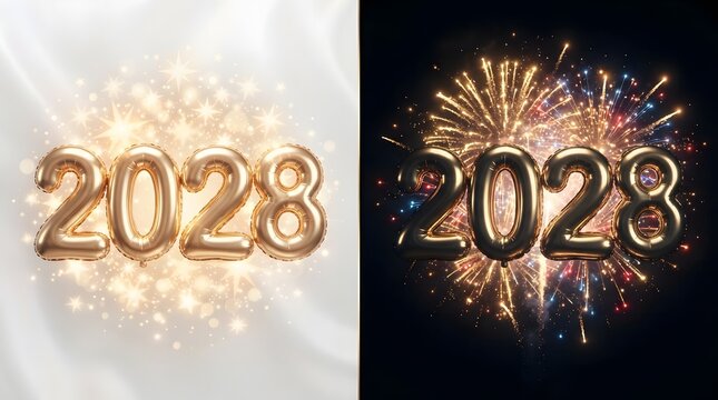 Two split designs showing metallic 2028 balloons against light silk with against shimmering white balloon sets presented fabric other against side side one