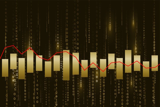 diagramme dans les tons de jaune or avec courbe rouge  pour illustrer la finance, les ventes, le commerce &eacute;voluant dans le temps ou la musique avec des fr&eacute;quences