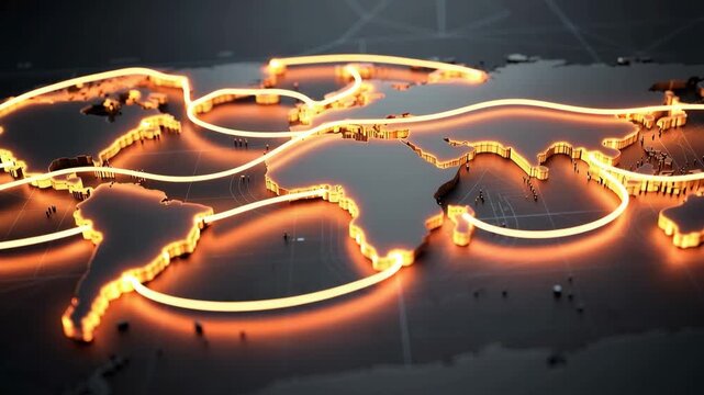 Glowing path animation connecting continents on a dark world map for global network visualization
