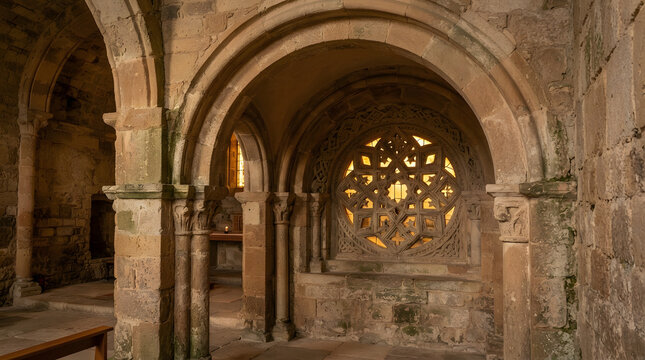 Ancient stone chapel with arched windows and altar.