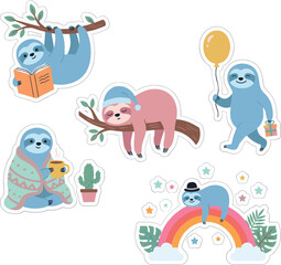 Naklejka premium Cute cartoon sloth sticker vector illustration collection featuring lovely animals reading books, sleeping on branches, holding birthday balloons, and relaxing on rainbow elements.