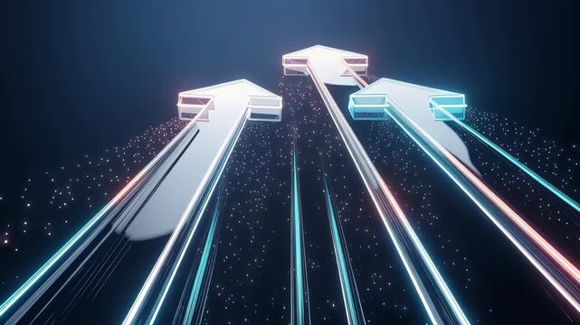 Dynamic vibrant arrows rising through dark space symbolizing growth energy and success