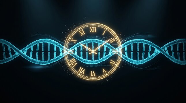 3D Epigenetic Clock Concept with Glowing Golden Clock on Cyan DNA Double Helix
