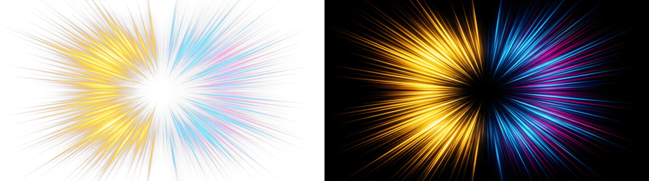 Golden and blue glowing light rays bursting from a central circular void