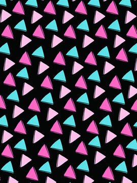 Vibrant pink, turquoise and white triangles contrast against a deep black background, creating a bold retro geometric pattern ideal for fashion, nightlife graphics, packaging and wallpapers.