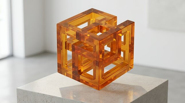 Geometric Isometric Cube Illusion Built from Translucent Amber Resin amber resin geometric pattern isometric cube 3D render resin blocks optical illusion triangular pattern amber texture geometric
