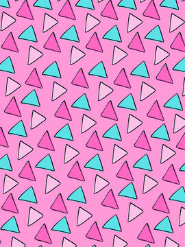 Playful pink geometric background covered with turquoise, purple and white triangles creates a cheerful seamless design ideal for fashion, stationery, packaging, textiles and digital graphics.