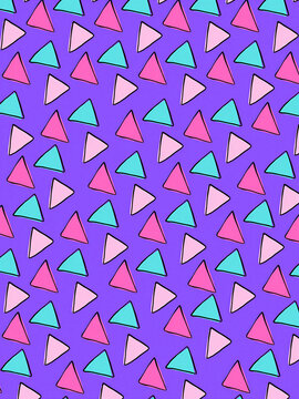 Bright purple seamless pattern with playful pink, blue and white triangles creates a bold retro geometric background ideal for fashion, textiles, packaging, digital design and youth branding.