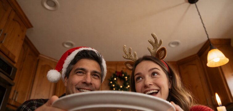 Joyful couple celebrating Christmas, wearing reindeer antlers while preparing a festive holiday meal in a warm kitchen setting.