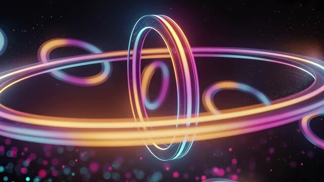 Colorful rings rotating in cosmic space with mesmerizing vibrant lights and galactic background animation