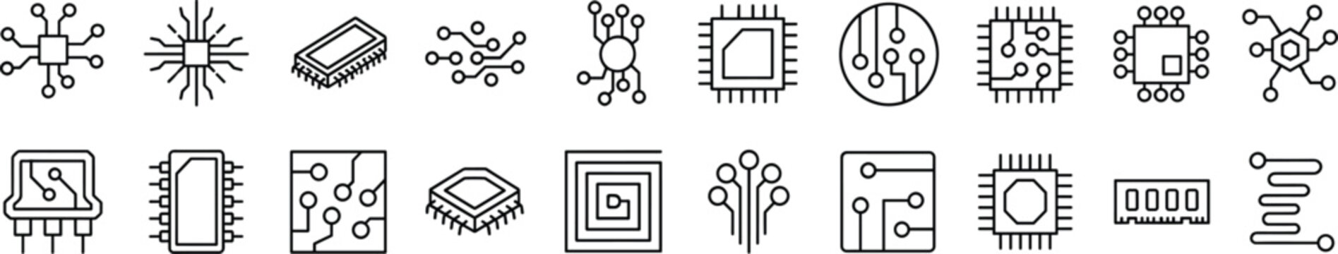 A collection of vector line icons representing computer processors, microchips, and electronic circuit components.