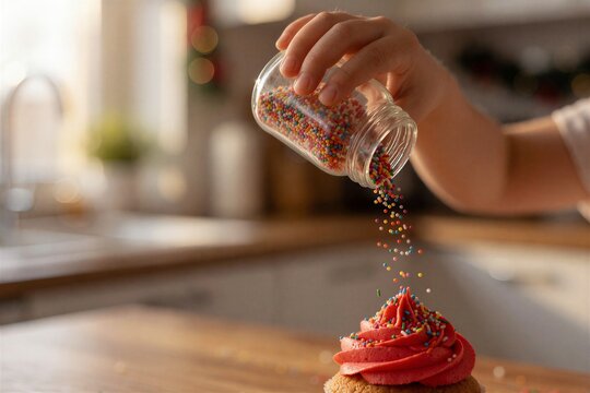 Decorating Christmas cupcakes with colorful sprinkles being poured from a glass jar by a childs hand over a red frosted treat.