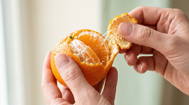 Woman smelling fresh herbs and peeling citrus fruits in the kitchen