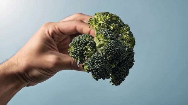 Fresh broccoli close up with hand holding vibrant green vegetable against soft blue background