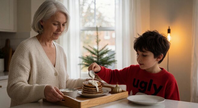 Holiday Christmas breakfast scene featuring a grandmother making pancakes for her grandson in a bright, cozy kitchen setting.