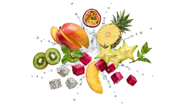 A dynamic explosion of assorted tropical fruits including mango, pineapple, kiwi, starfruit, passion fruit, and dragon fruit with water splashes