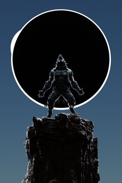 Werewolf on a large rock, arms raised towards the sky. A full moon appears behind the figure. The scene takes place during sunset with fading light in the background. 3d render