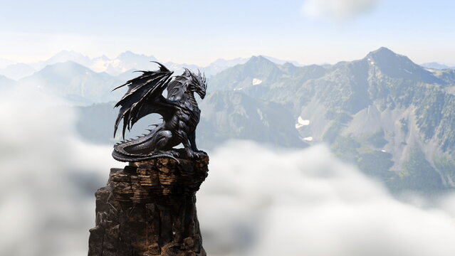 A dragon statue stands on top of a rocky cliff. The background shows mountains and clouds under a clear sky. It is daytime and the scenery appears vast and open. 3d render