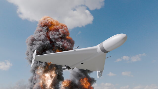 drone is seen taking off from ground as explosion creates thick smoke and fire around it. scene shows clear blue sky with clouds above. 3d render