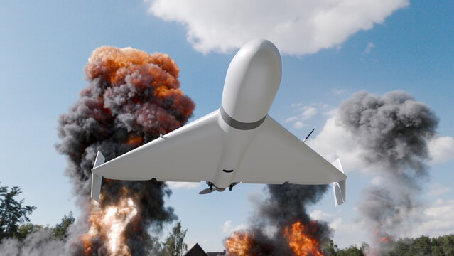 drone moves through sky as smoke and fire rise from explosions below. scene takes place in forested areduring military exercise on sunny day. 3d render