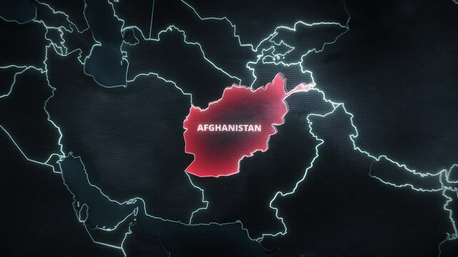 Afghanistan, Central Asia map animation with a red glowing alert highlight, formatted as a dark presentation-style graphic template.
