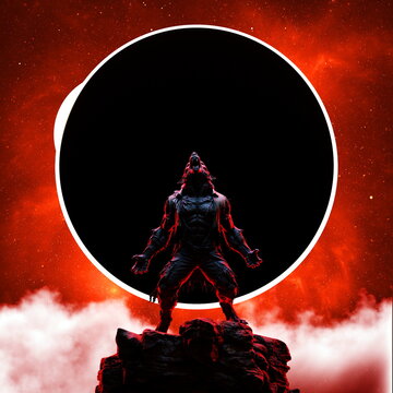 Wolf-like werewolf figure on a rock, with arms raised as an eclipse takes place behind it. Scene is filled with red clouds and dark space, highlighting its powerful stance. 3d render