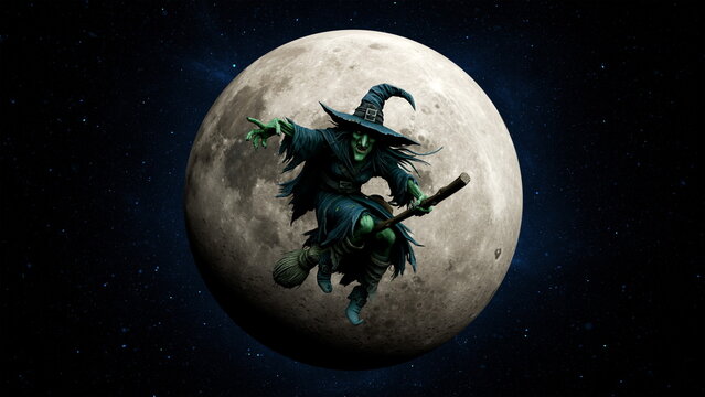 witch flies on a broomstick in front of a bright full moon in a dark sky. witch has a pointed hat and a long robe. scene shows a sense of magic and mystery. 3d render
