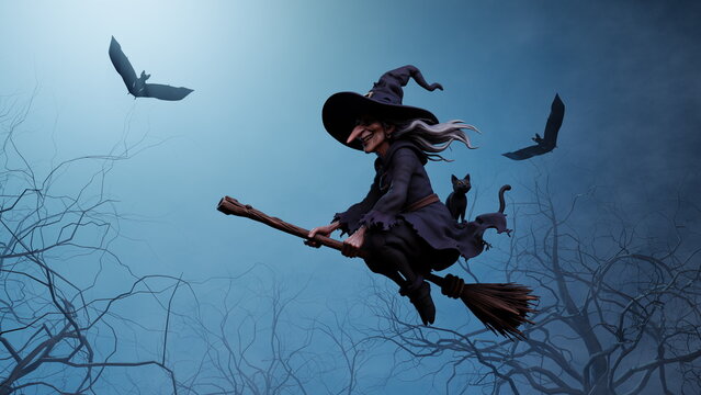 witch in dark clothing rides a broomstick high in the sky. Bats fly around her as she moves through a forest with barren trees. cat sits on her broom. 3d render
