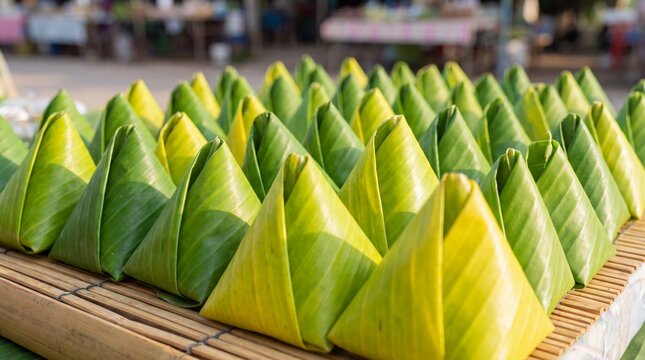 Traditional Thai khanom tian dessert wrapped in banana leaves arranged in rows glossy texture local sweet