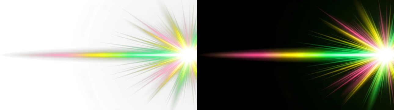 Rainbow colored laser beam shooting from a bright starburst light flare