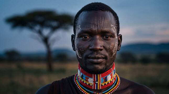 portrait of a young african man with traditional face paint and colorful beaded necklace in the savanna