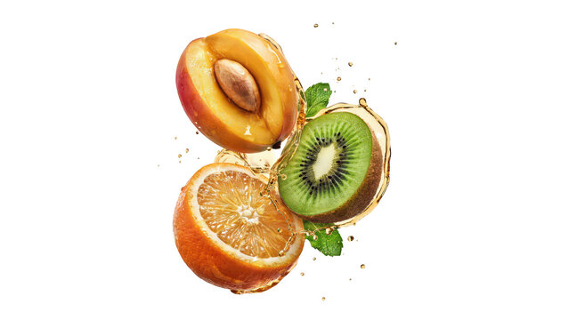Fresh peach, orange, and kiwi fruit slices floating in the air with splashing juice droplets against a solid black background, food