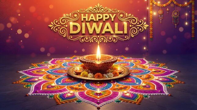 Happy diwali greeting with diya lamp and colorful rangoli