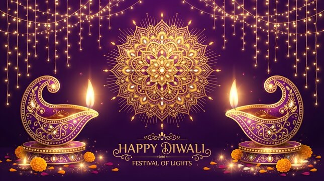 Happy diwali festival of lights with golden mandala and diya