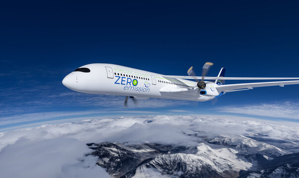 electric powered commercial Aeroplane flying in the sky - future electro energy aviation concept.