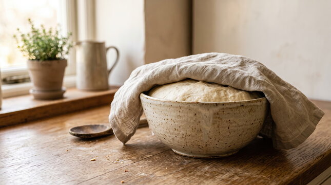 Fresh bread dough rising in a bowl for homemade baking