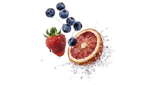 Fresh strawberry and orange slice with falling blueberries and water splashes isolated on a black background, for food