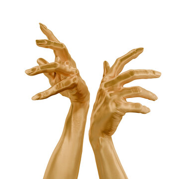 Two hands reach out and twist in different directions. The hands are painted gold and are set against a white background. The scene captures a moment of energy and creativity. 3d render