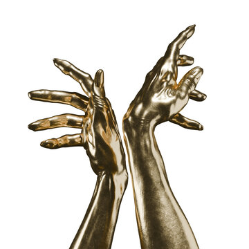 Hands covered in gold extend outward, showing intricate detail. The artwork captures a moment of expression and movement against a simple white background. 3d render