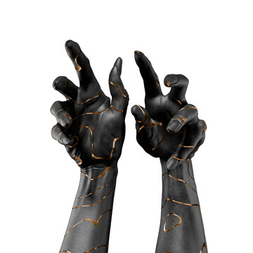 Hands are displayed with black paint and golden lines. They are raised and positioned in an artistic manner. The focus is on the shape and design of the hands. 3d render
