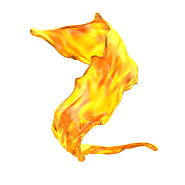 Liquid oil flows and twists in the air with bright yellow and orange shades against a plain background. The shapes create a sense of movement and energy without distractions around them. 3d render